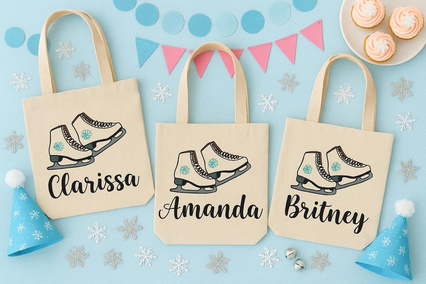 Ice Skate Party Favor Bags, Personalized Cotton Goodie Bags, Set of 3