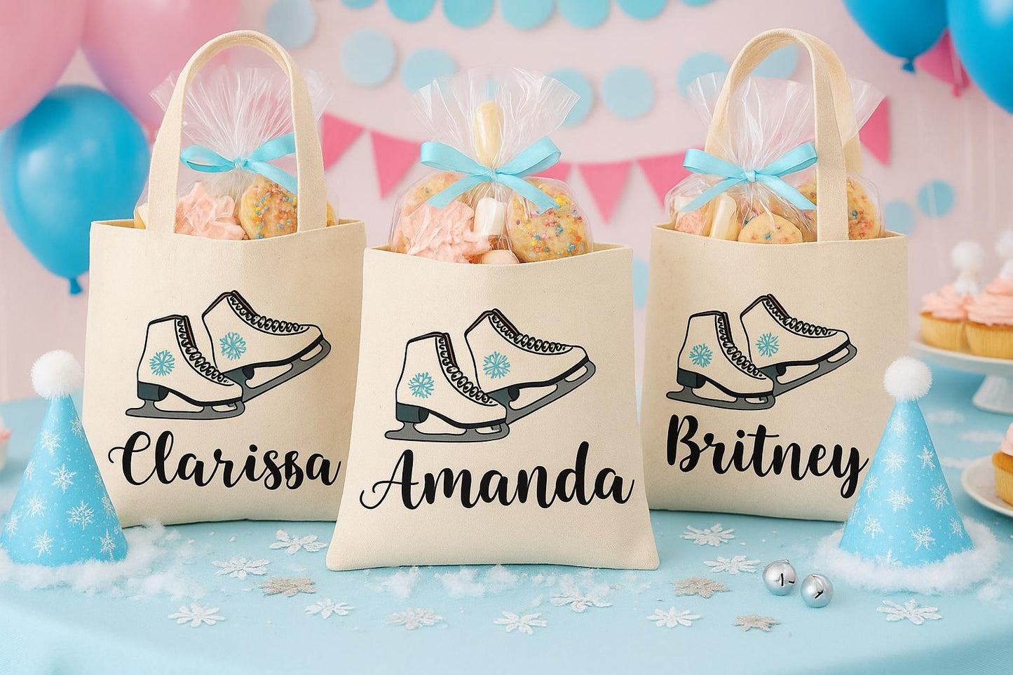 Ice Skate Party Favor Bags, Personalized Cotton Goodie Bags, Set of 3