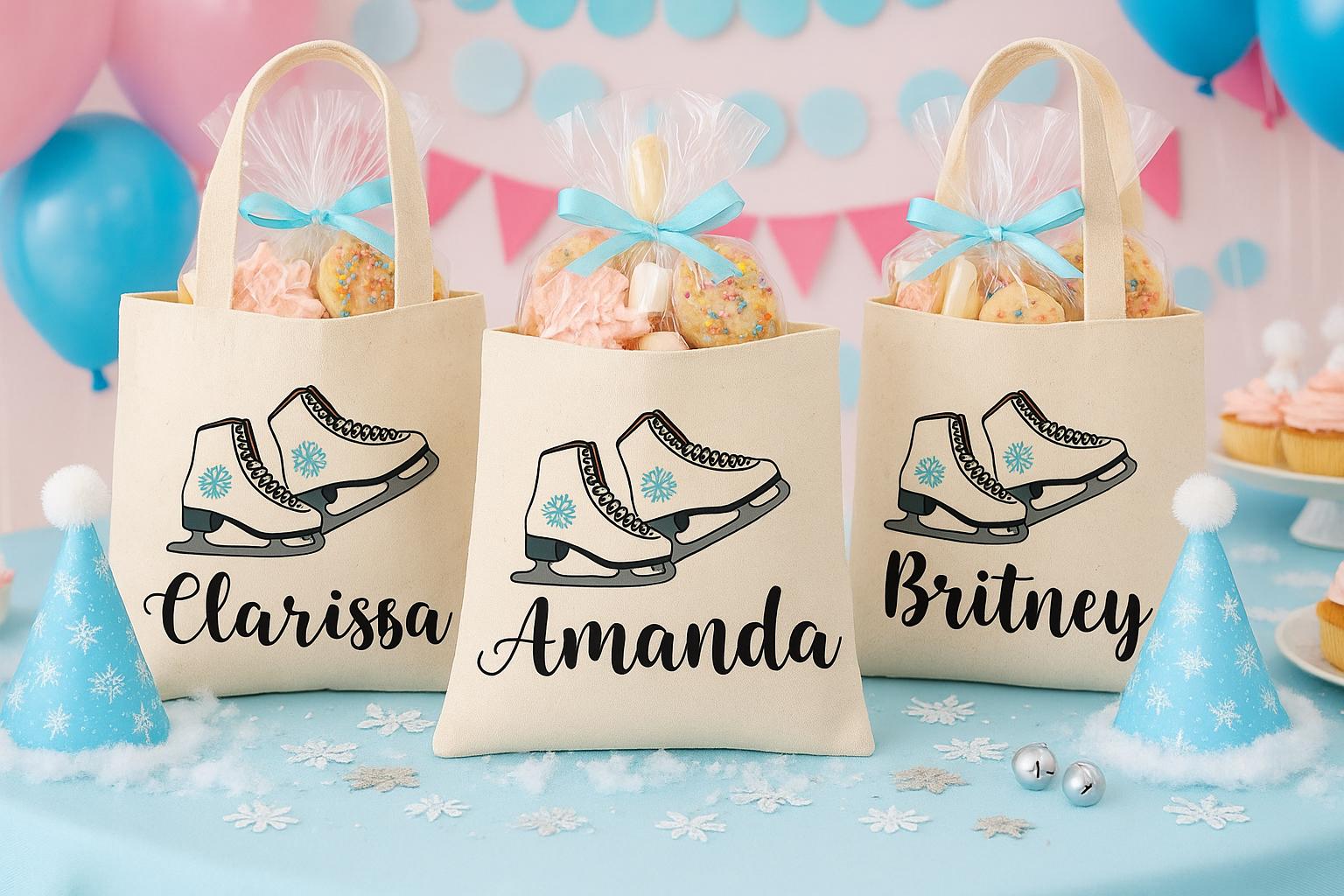 Ice Skate Party Favor Bags, Personalized Cotton Goodie Bags, Set of 3