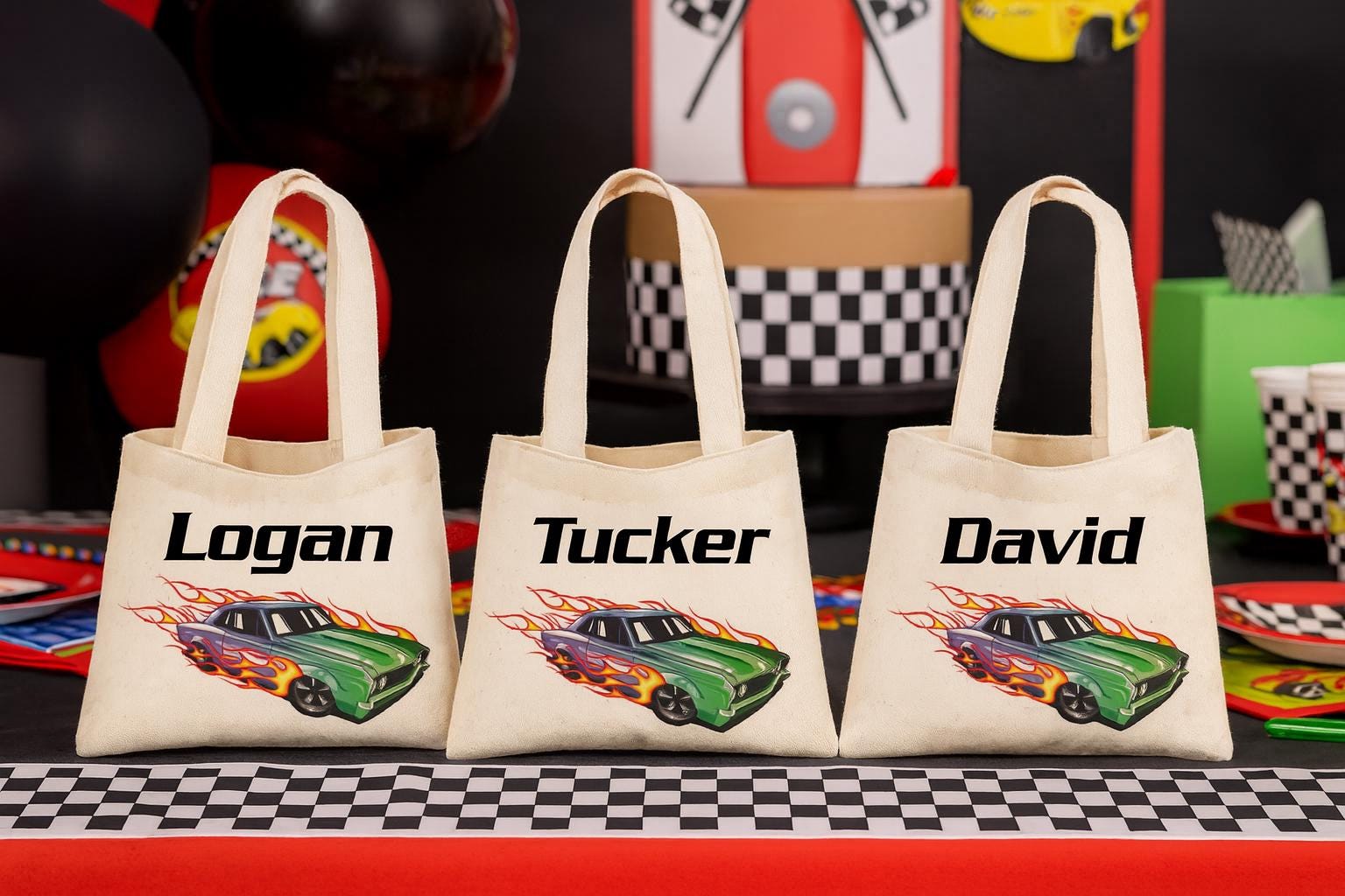 Personalized Race Car Party Favor Bags - Custom Name Canvas Tote
