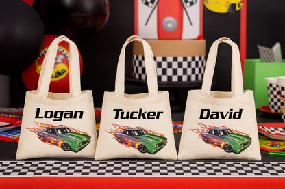 Personalized Race Car Party Favor Bags - Custom Name Canvas Tote