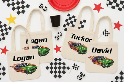 Personalized Race Car Party Favor Bags - Custom Name Canvas Tote