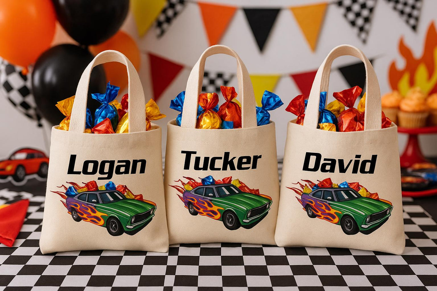 Personalized Race Car Party Favor Bags - Custom Name Canvas Tote