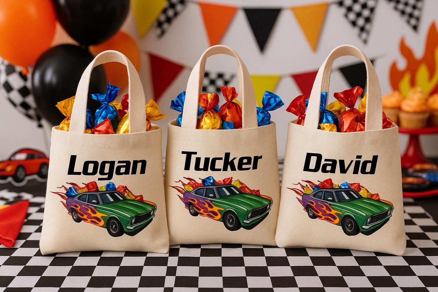 Personalized Race Car Party Favor Bags - Custom Name Canvas Tote