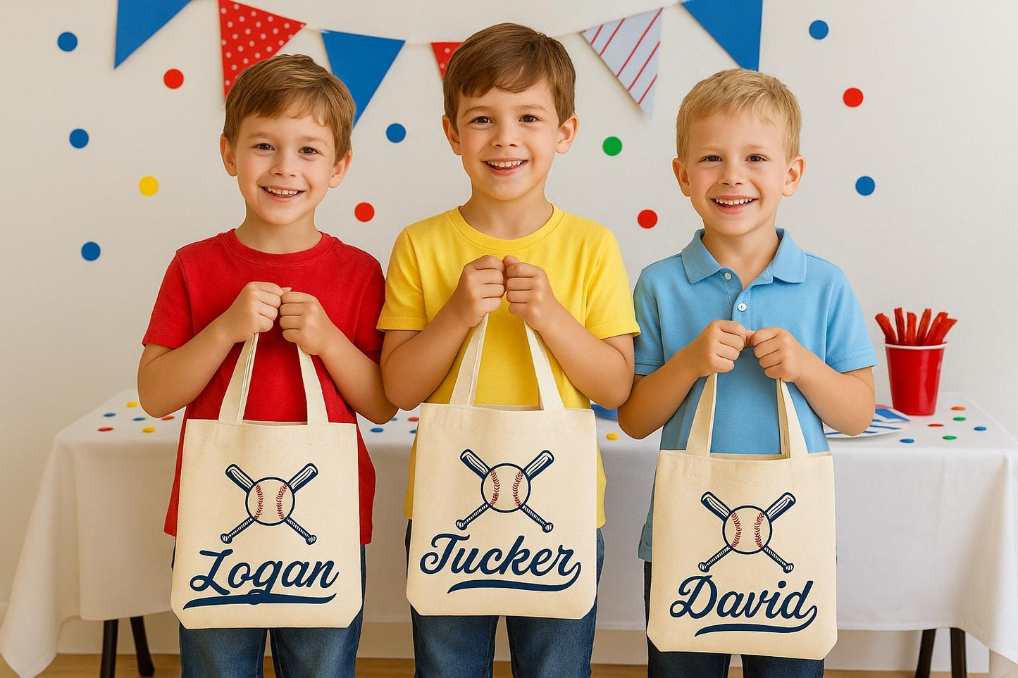 Baseball Party Favor Bags, Set of 3 Cotton Treat Bags