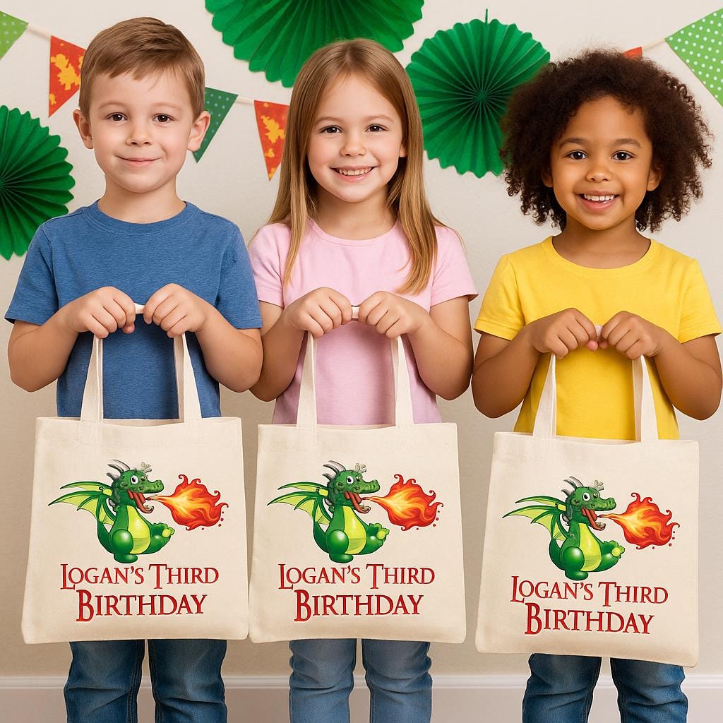 Dragon Party Favor Bags, Cotton Treat Bags, Set of 6
