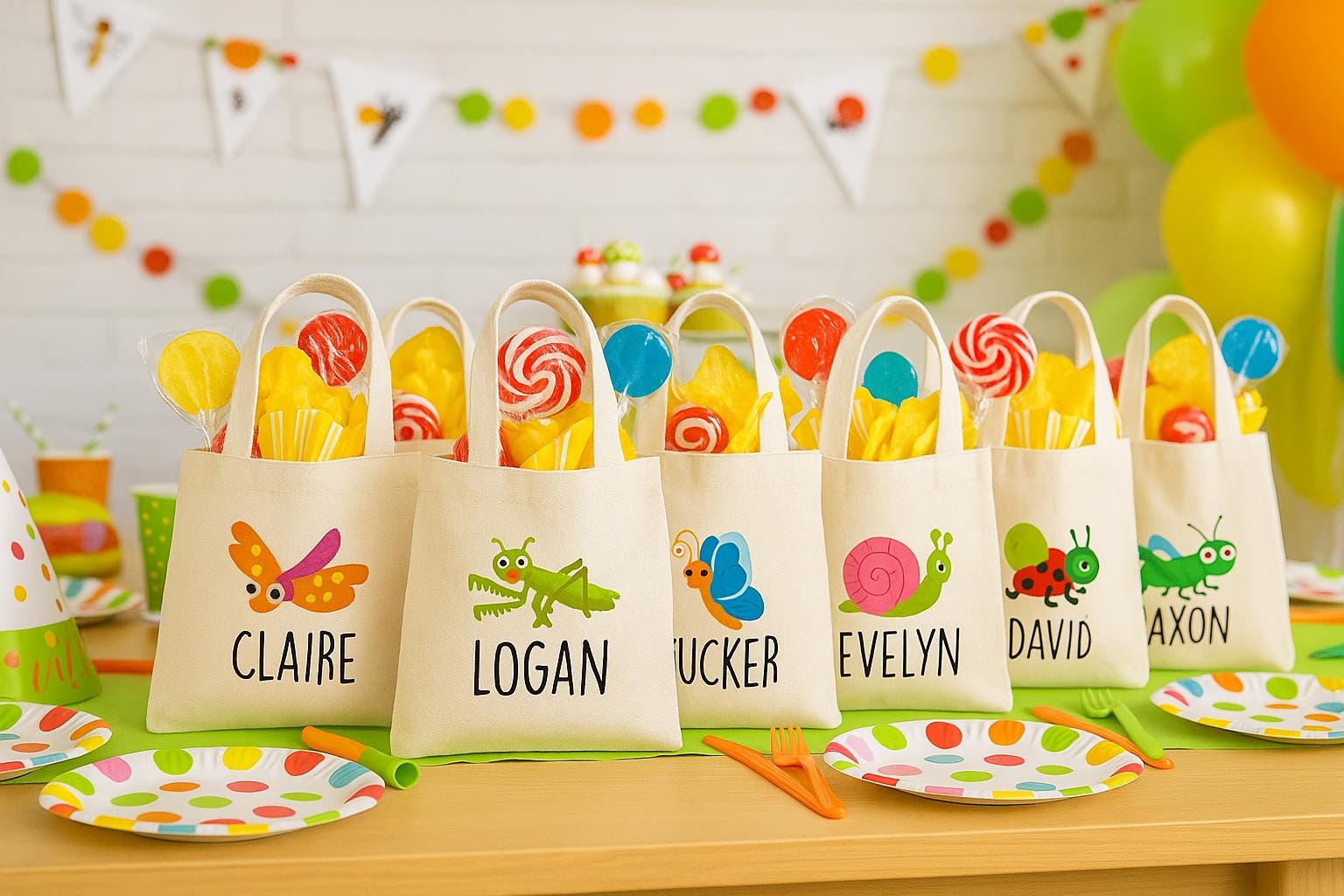 Insect Party Favor Bags, Personalized Bug Treat Bags, Set of 6