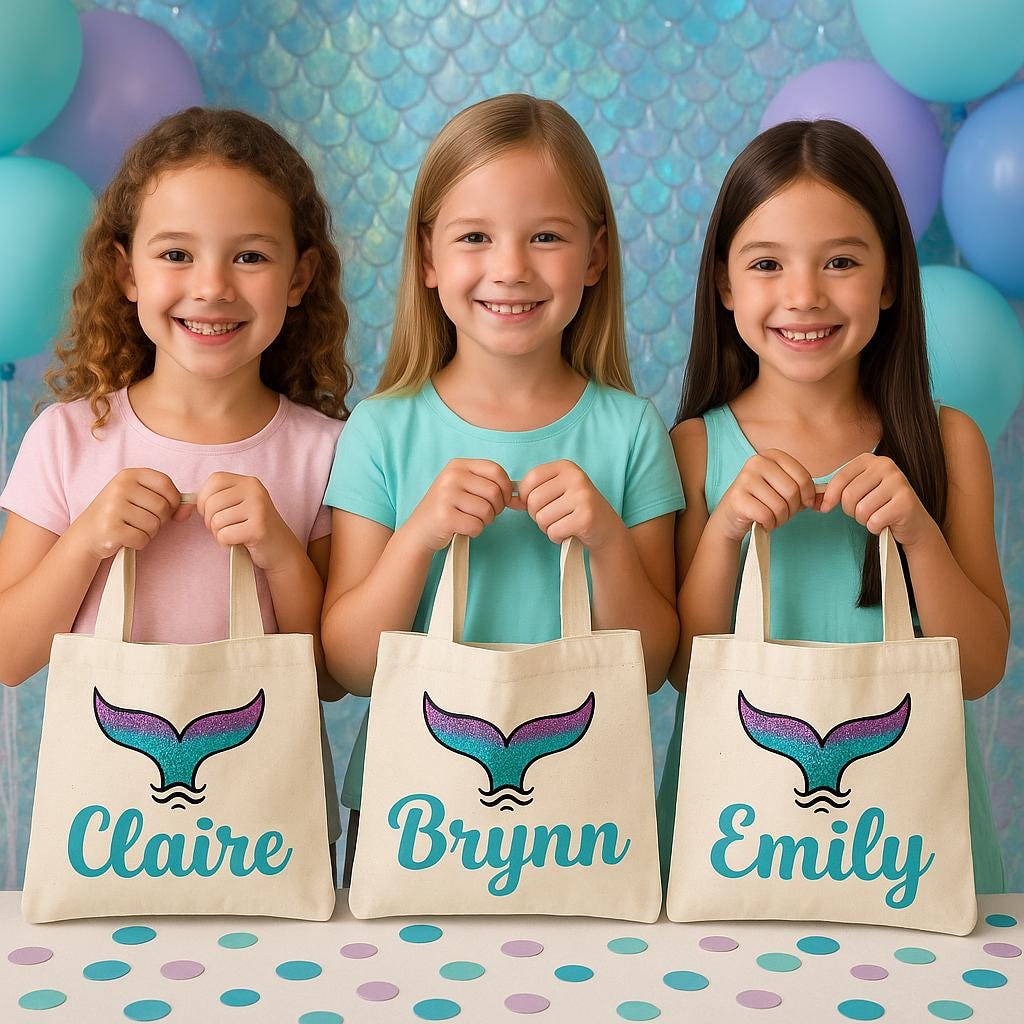 Custom Mermaid Party Favor Bags - Perfect for Mermaid and Under the Sea Parties & Events - Set of Three Bags with Guest's Names