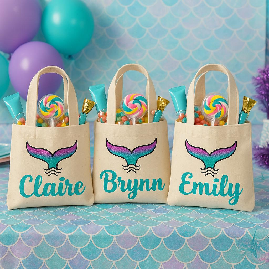Custom Mermaid Party Favor Bags - Perfect for Mermaid and Under the Sea Parties & Events - Set of Three Bags with Guest's Names