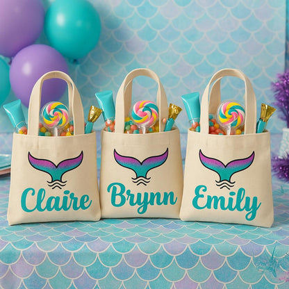 Custom Mermaid Party Favor Bags - Perfect for Mermaid and Under the Sea Parties & Events - Set of Three Bags with Guest's Names