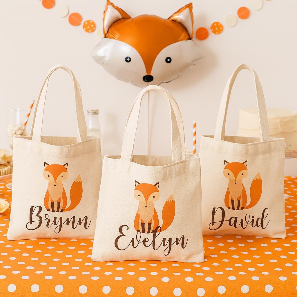 Fox Party Favor Bags, Set of 3, Cotton Goodie Bags