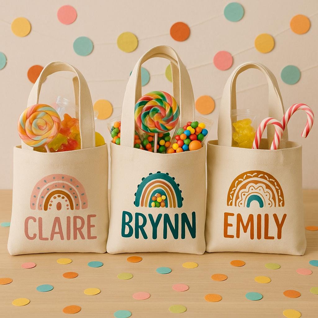 Custom Boho Rainbow Party Favor Bags - Perfect for Rainbow or Boho Themed Parties! - Set of Three Bags Personalized with Names