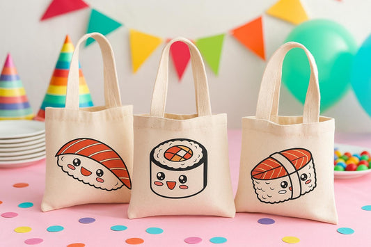 Sushi Party Favor Bags – Kawaii Cotton Treat Totes, Set of 3