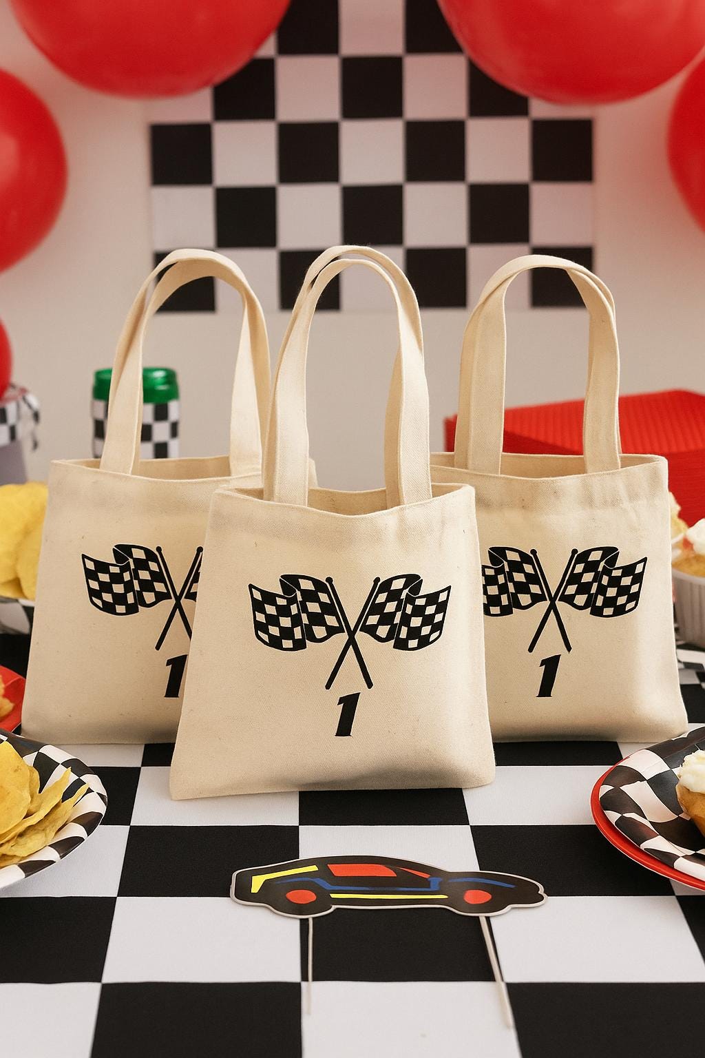 Checkered Flag Cotton Favor Bag – Race Car Party Goodie Tote