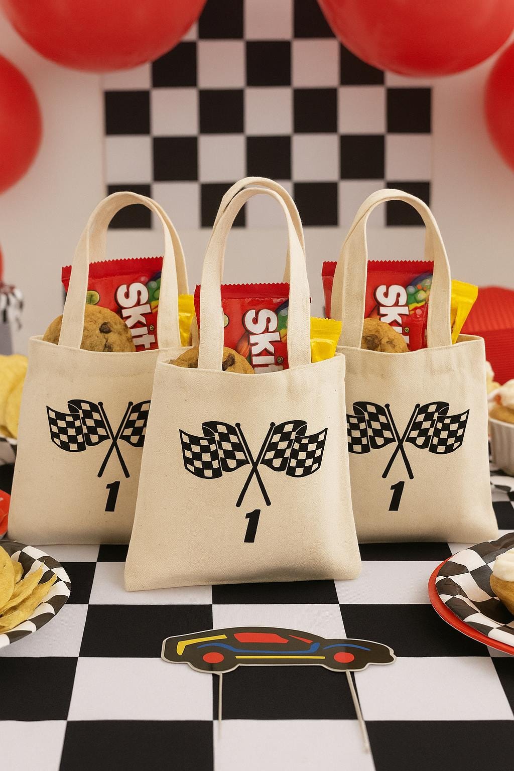Checkered Flag Cotton Favor Bag – Race Car Party Goodie Tote