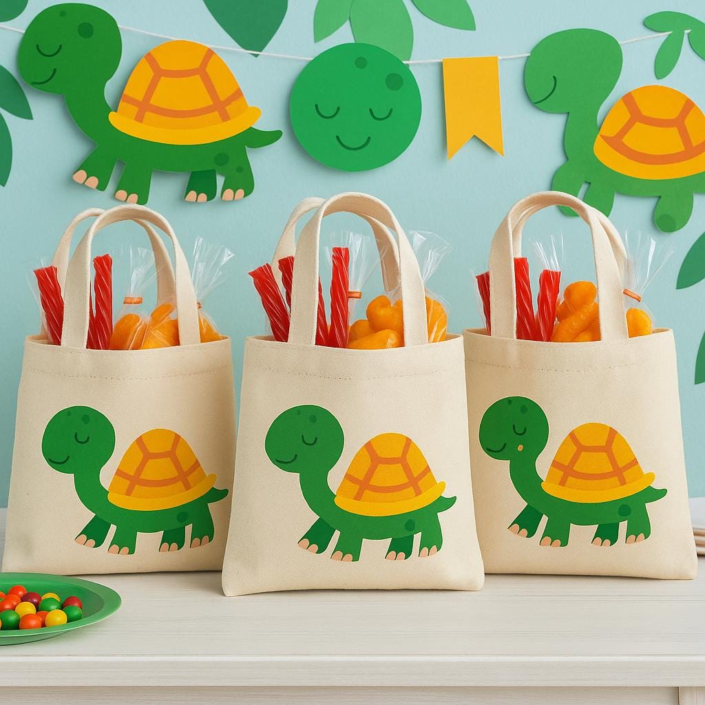 3 Turtle Party Favor Bags, Eco Cotton Goodie Bags