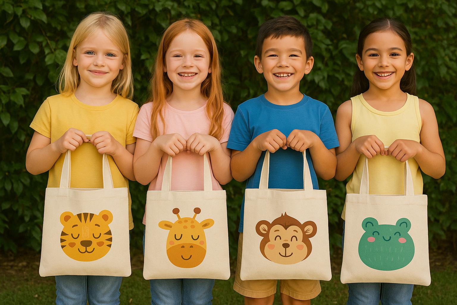 4 Jungle Animal Cotton Favor Bags, Zoo Party Goodie Bags