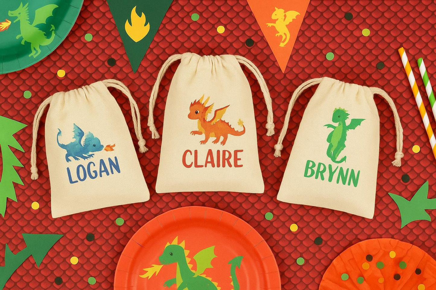 Personalized Dragon Party Favor Bags, Set of 3