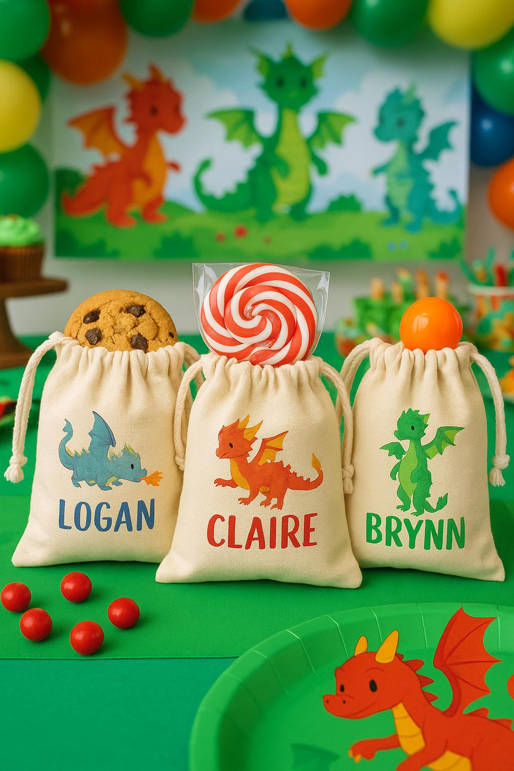 Personalized Dragon Party Favor Bags, Set of 3