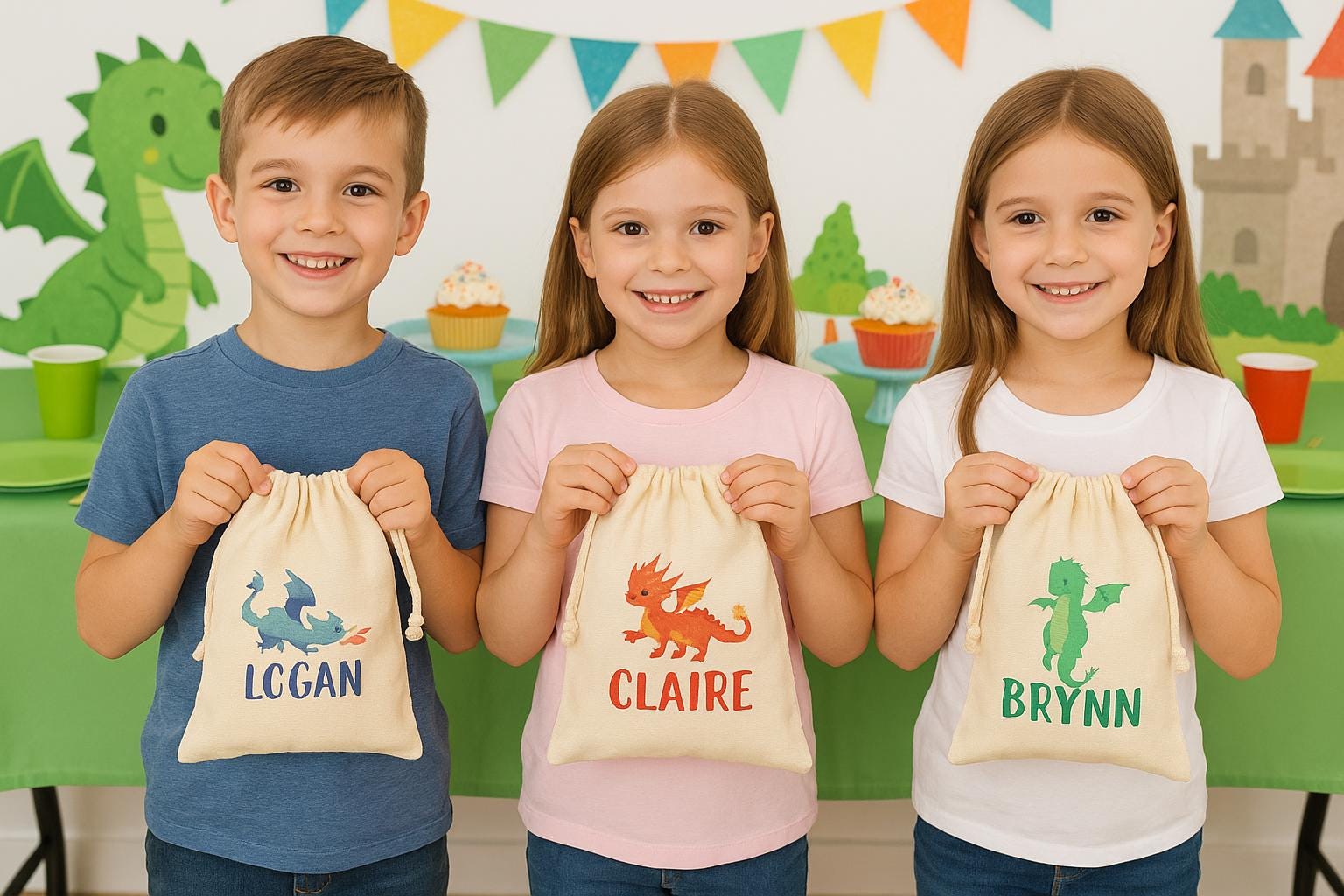 Personalized Dragon Party Favor Bags, Set of 3