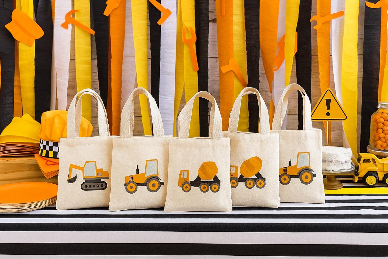 Construction Party Favor Bags - Perfect for Construction Themed Parties & Events! - Set of Six Cotton Bags