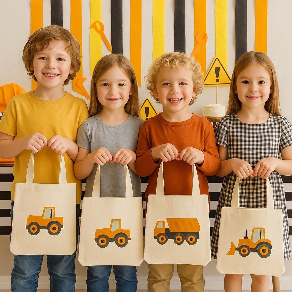 Construction Party Favor Bags - Perfect for Construction Themed Parties & Events! - Set of Six Cotton Bags