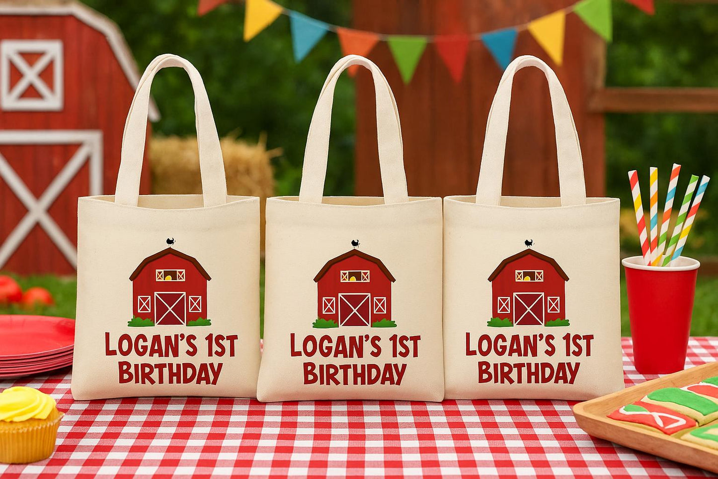 Personalized Farm Party Favor Bags – Barnyard Birthday, Cotton Tote, Set of 3