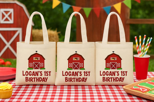 Personalized Farm Party Favor Bags – Barnyard Birthday, Cotton Tote, Set of 3