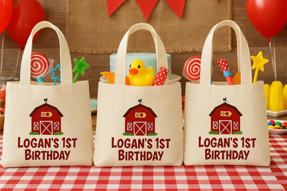 Personalized Farm Party Favor Bags – Barnyard Birthday, Cotton Tote, Set of 3