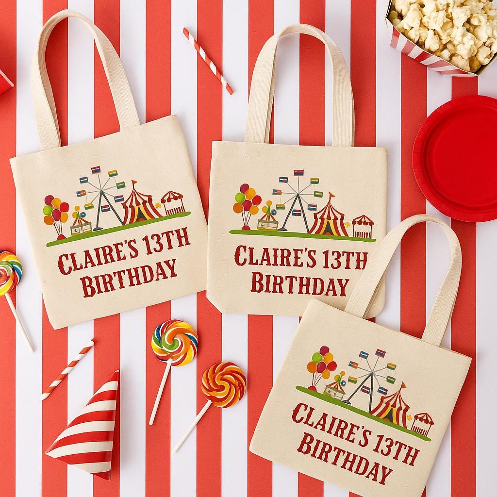Custom Carnival Party Favor Bags - Perfect for Carnival or Circus Themed Parties and Events - Personalized with Event Details - Set of Three