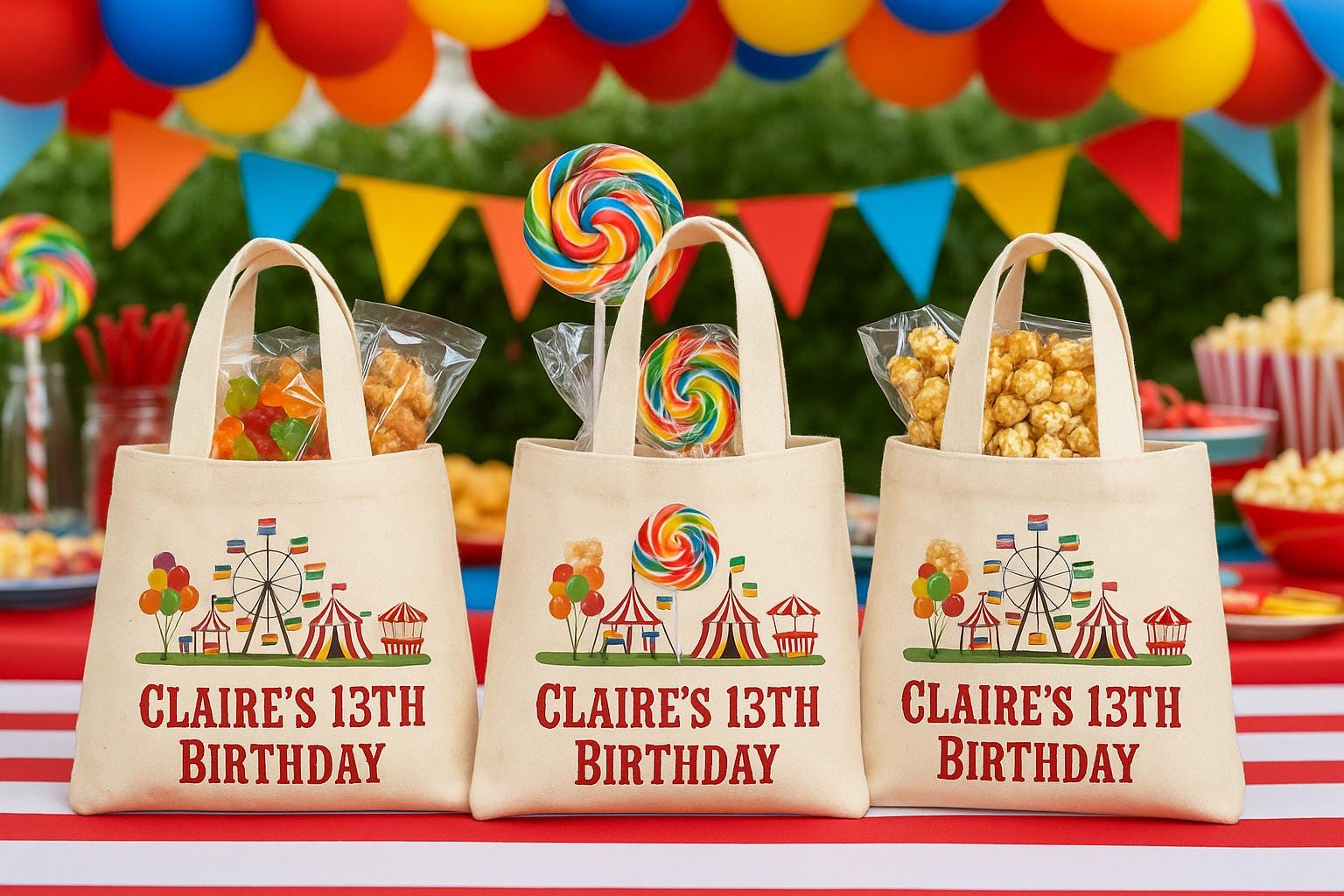 Custom Carnival Party Favor Bags - Perfect for Carnival or Circus Themed Parties and Events - Personalized with Event Details - Set of Three