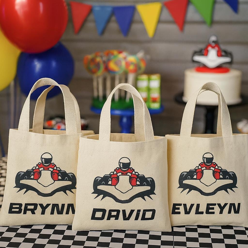 Custom Go Kart Party Favor Bags - Perfect for Go Kart or Race Car Themed Parties! - Set of Three Bags with Guest Names