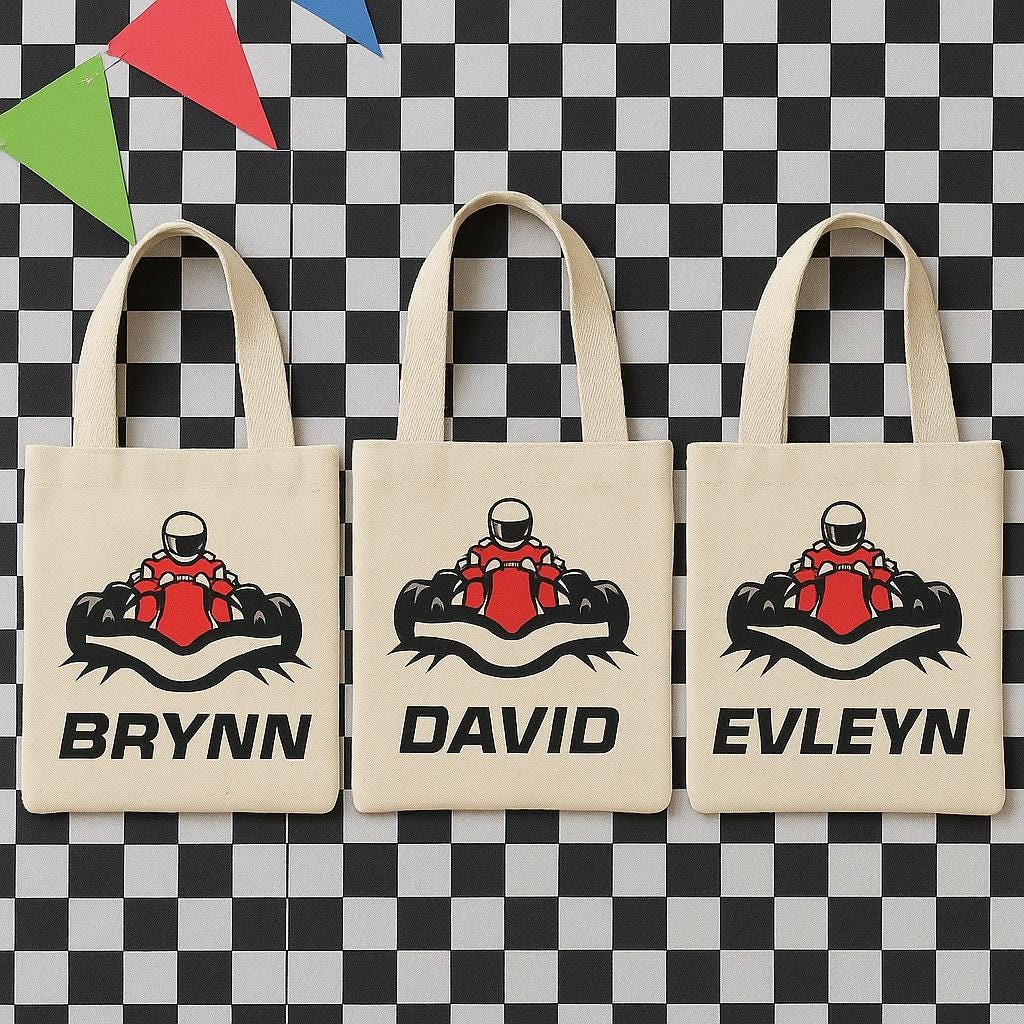 Custom Go Kart Party Favor Bags - Perfect for Go Kart or Race Car Themed Parties! - Set of Three Bags with Guest Names