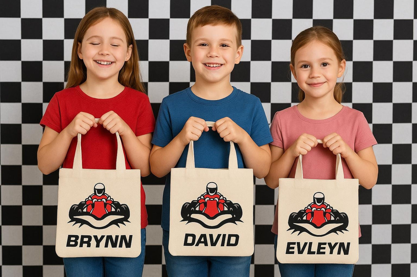 Custom Go Kart Party Favor Bags - Perfect for Go Kart or Race Car Themed Parties! - Set of Three Bags with Guest Names