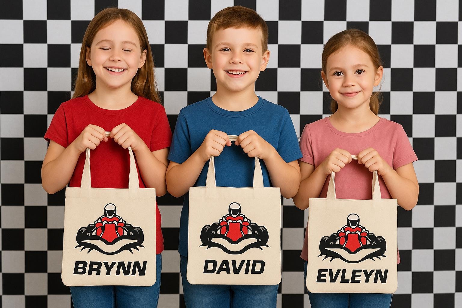 Custom Go Kart Party Favor Bags - Perfect for Go Kart or Race Car Themed Parties! - Set of Three Bags with Guest Names
