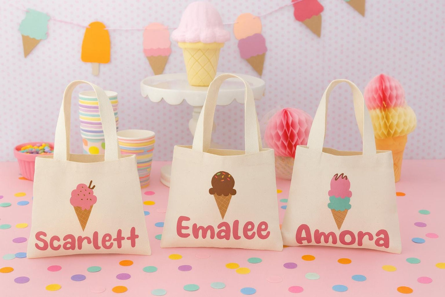 Ice Cream Party Favor Bags, Personalized Treat Bags, Set of 3
