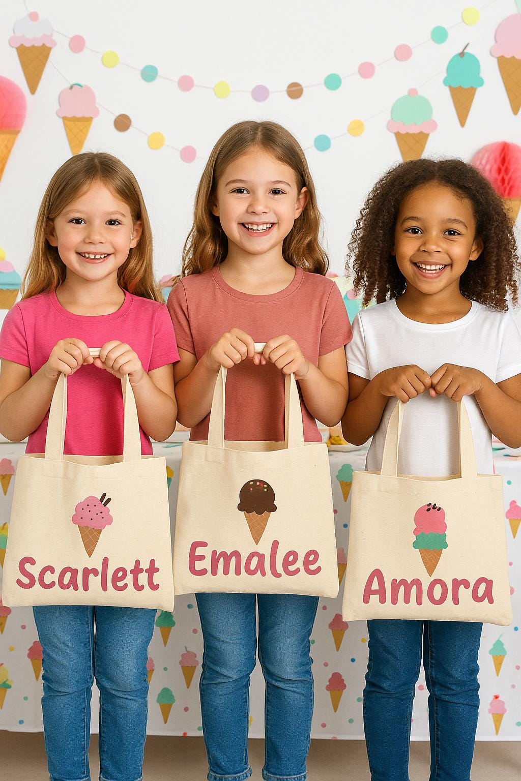 Ice Cream Party Favor Bags, Personalized Treat Bags, Set of 3