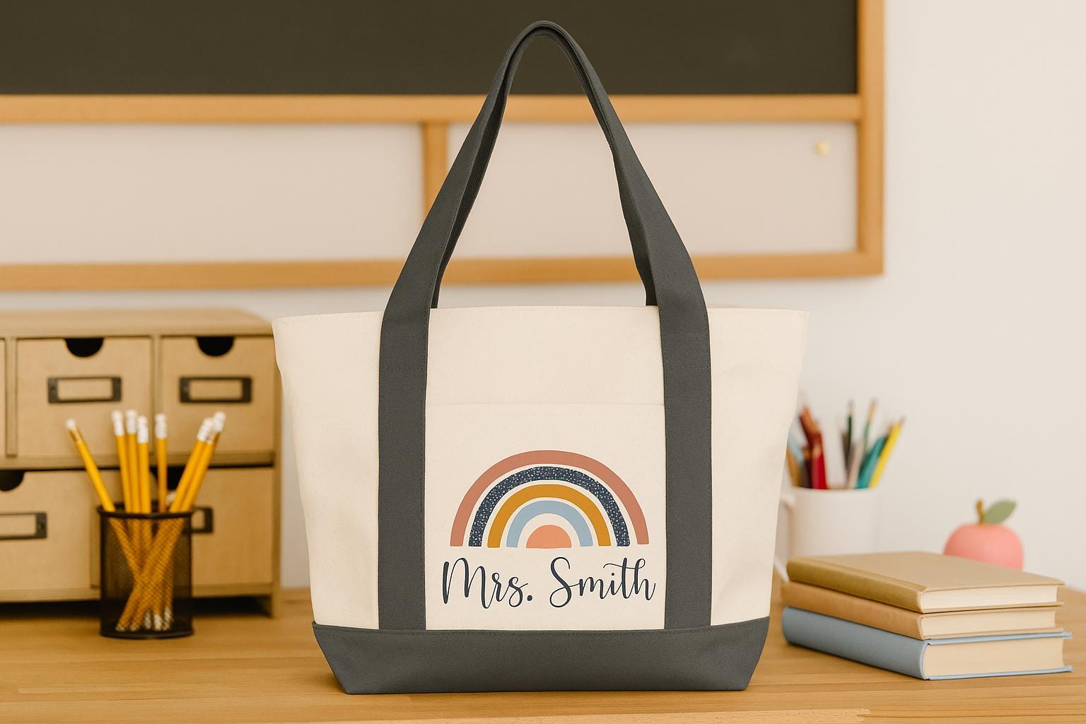 Custom Teacher Tote, Boho Rainbow Tote, Teacher Tote, Teacher Tote Bag, Personalized, Canvas Bag, Teacher Bag, Teacher Gifts, Canvas Tote