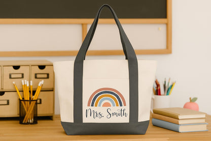 Custom Teacher Tote, Boho Rainbow Tote, Teacher Tote, Teacher Tote Bag, Personalized, Canvas Bag, Teacher Bag, Teacher Gifts, Canvas Tote