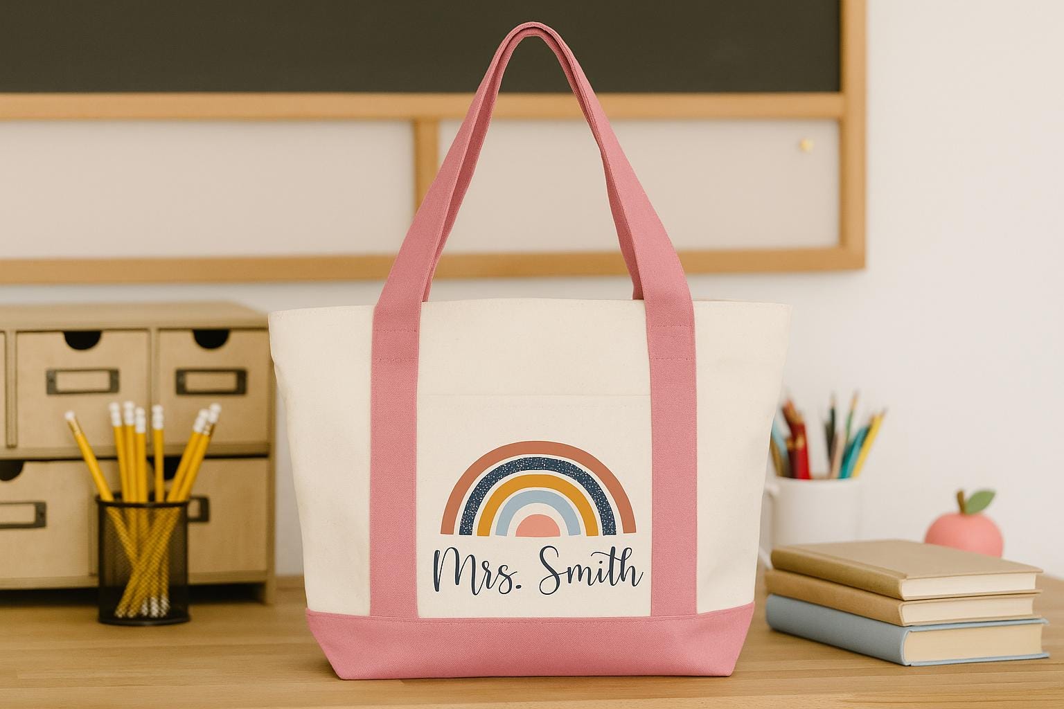 Custom Teacher Tote, Boho Rainbow Tote, Teacher Tote, Teacher Tote Bag, Personalized, Canvas Bag, Teacher Bag, Teacher Gifts, Canvas Tote