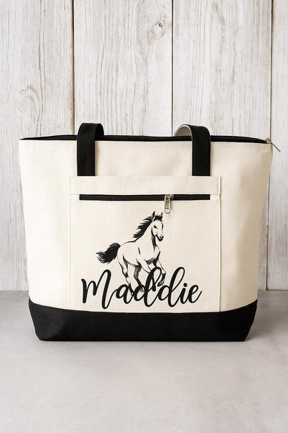 Personalized Horse Tote Bag, Zippered Canvas Bag