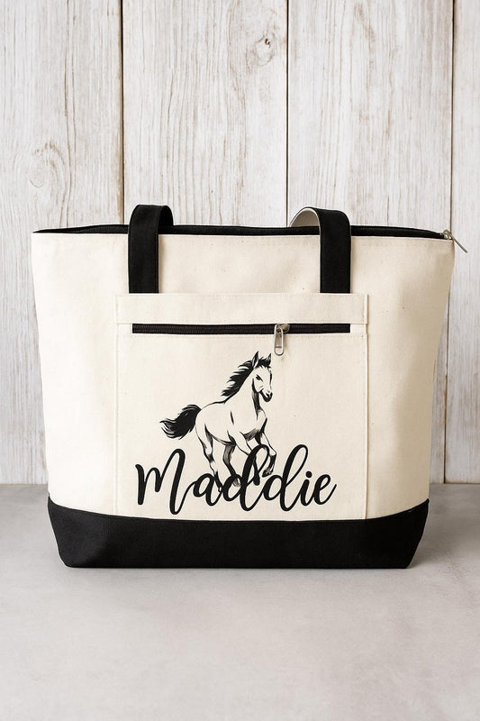 Personalized Horse Tote Bag, Zippered Canvas Bag
