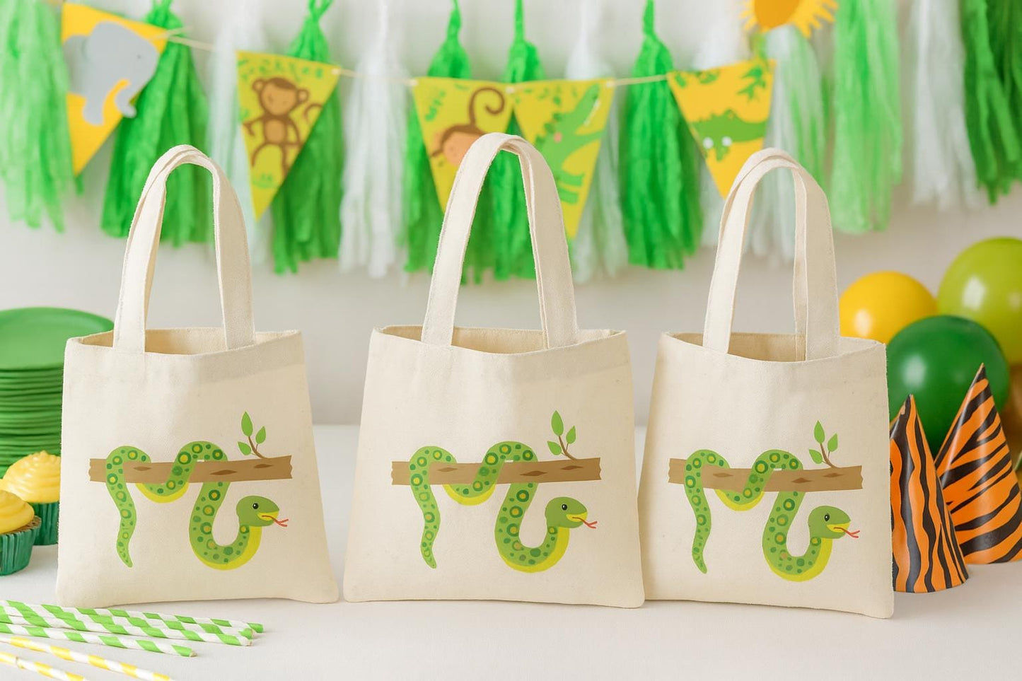 Snake Party Favor Bags - Perfect for Snake or Jungle Themed Parties & Events - Set of Three Bags