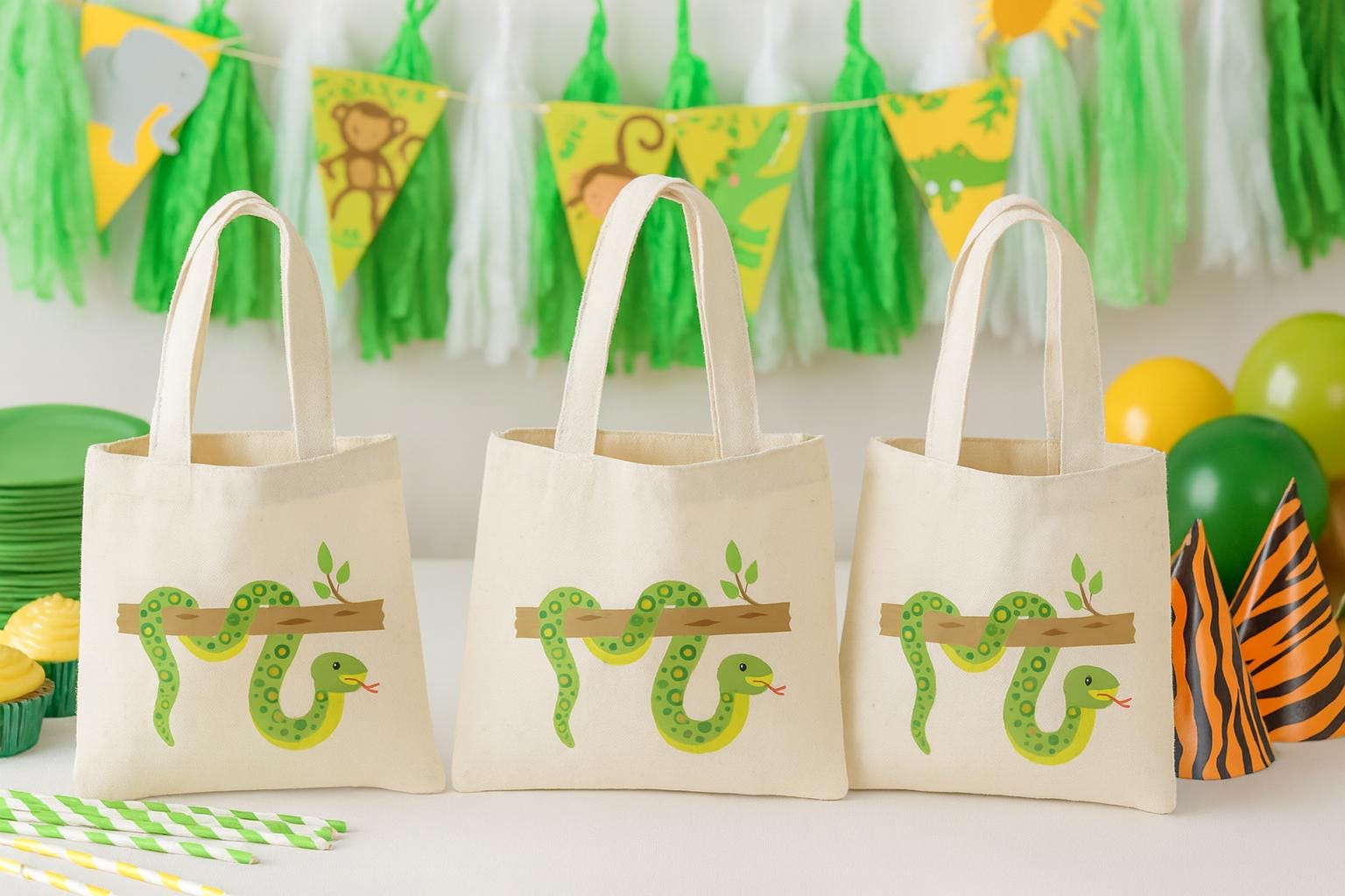 Snake Party Favor Bags - Perfect for Snake or Jungle Themed Parties & Events - Set of Three Bags