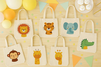 6 Animal Print Cotton Party Favor Bags, Zoo Theme
