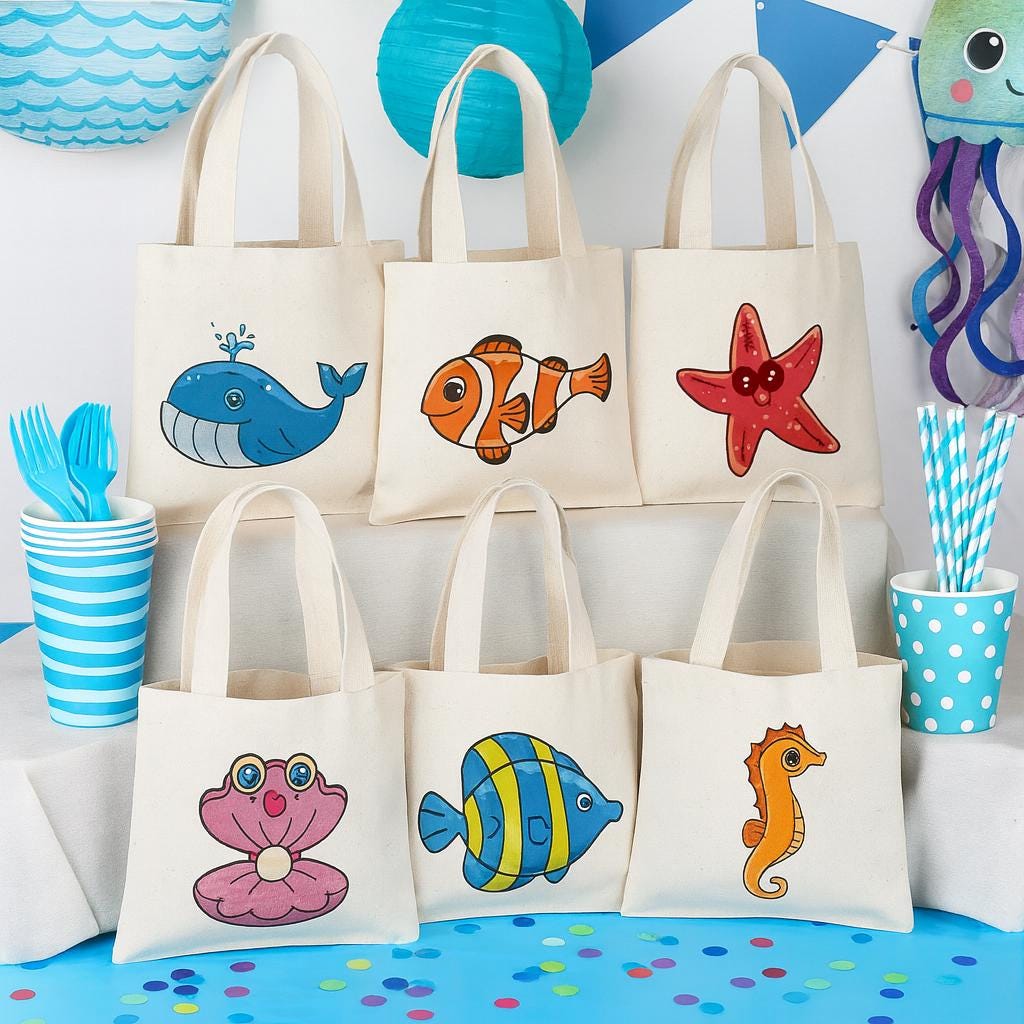 Under the Sea Party Favor Bags, Set of 6, Cotton Goodie Bags
