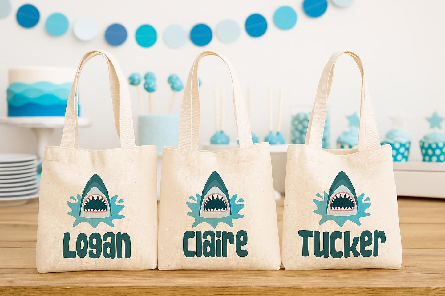 Personalized Shark Favor Bags - Set of Three, Reusable Cotton Party Bags