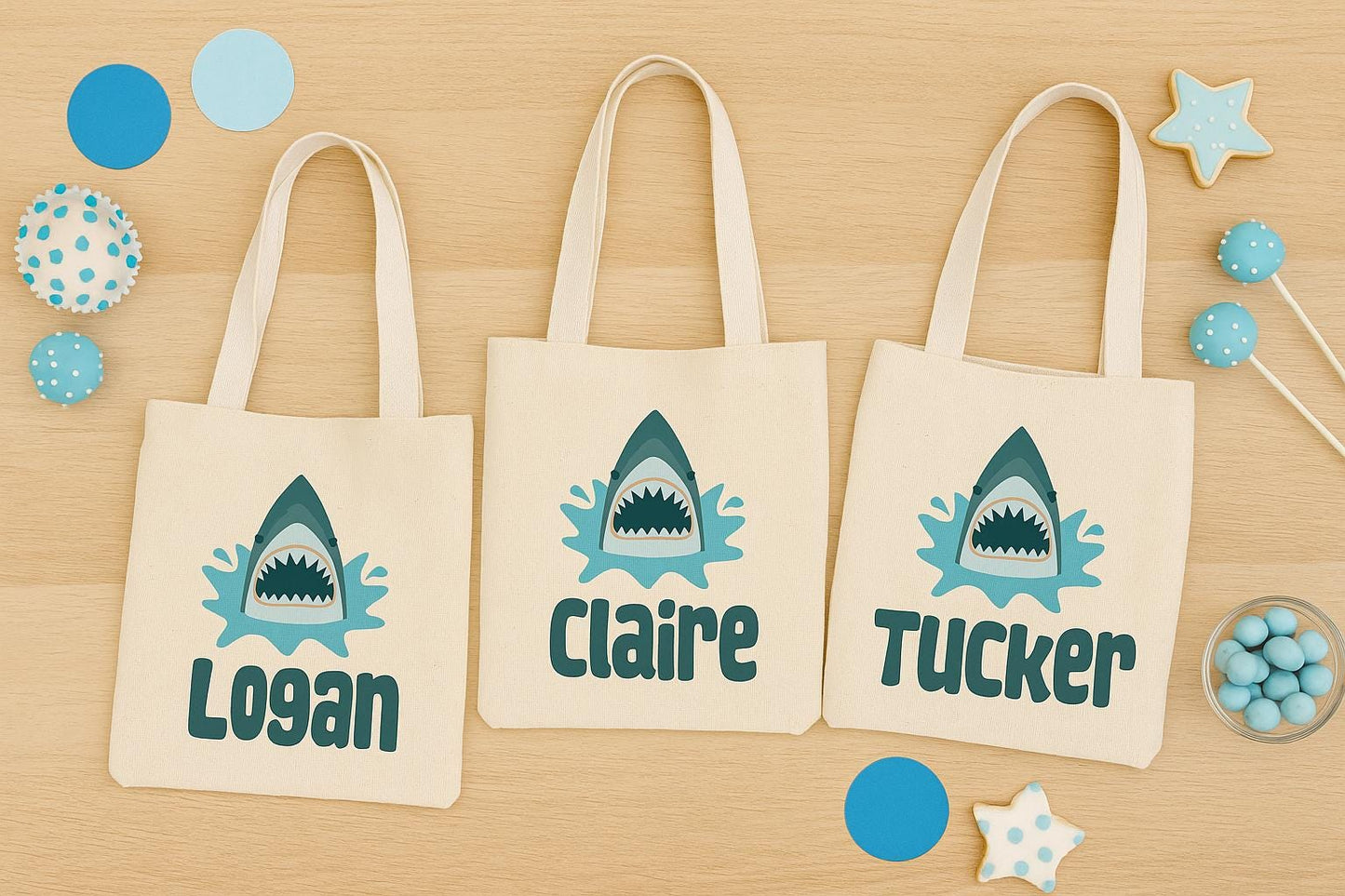 Personalized Shark Favor Bags - Set of Three, Reusable Cotton Party Bags