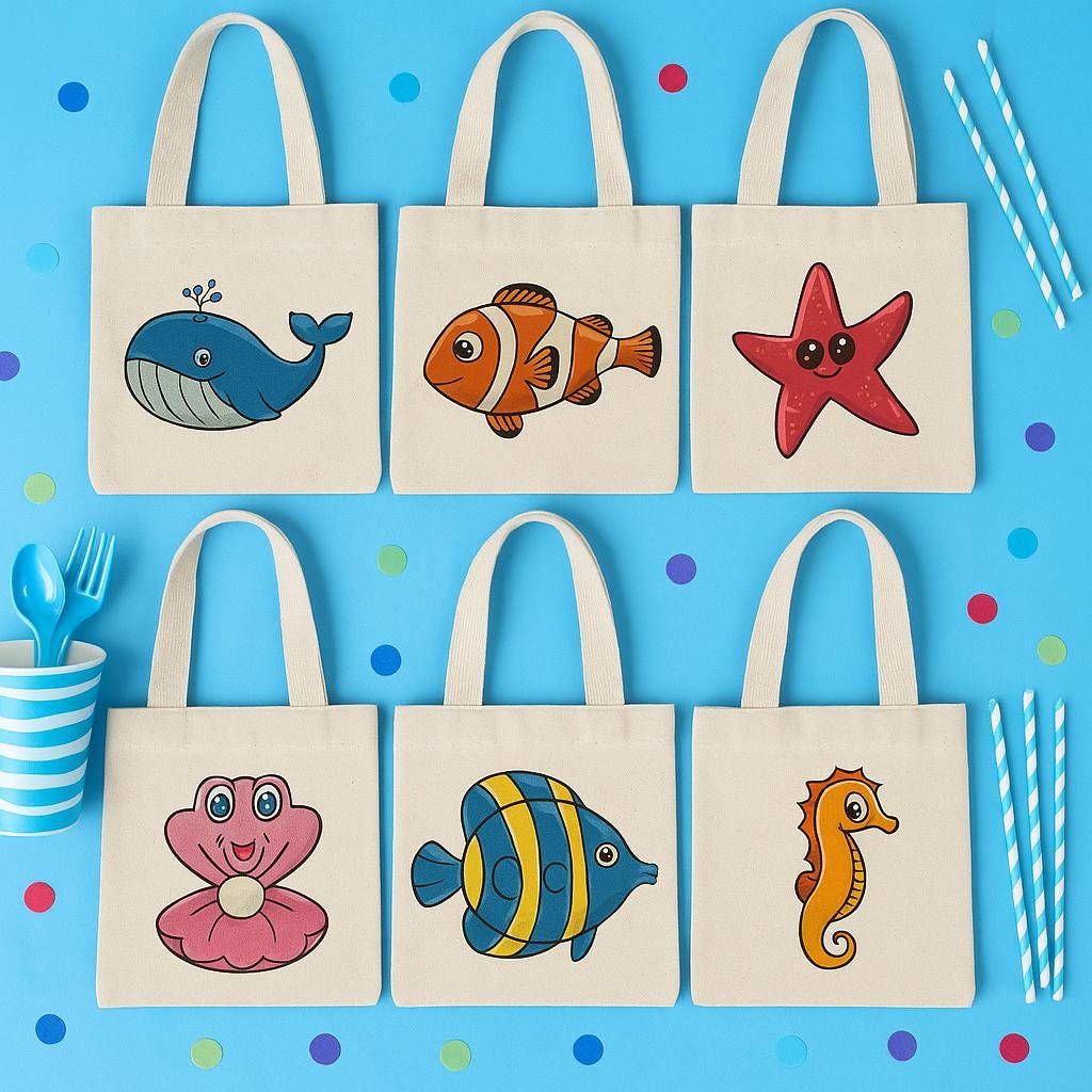 Under the Sea Party Favor Bags, Set of 6, Cotton Goodie Bags