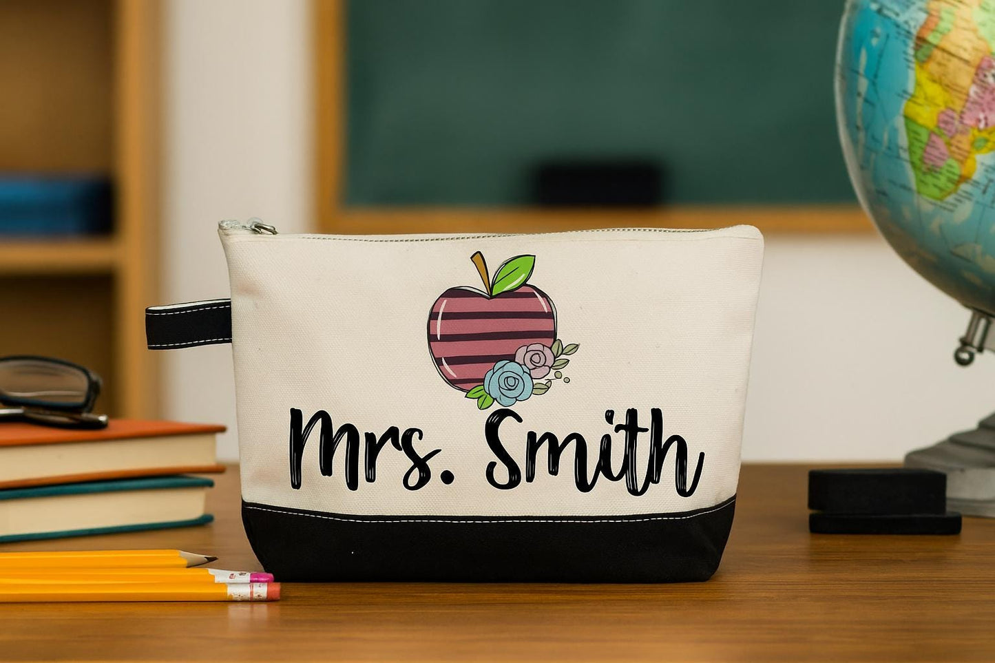Personalized Teacher Pouch - Apple & Floral Design, Custom Zipper Bag